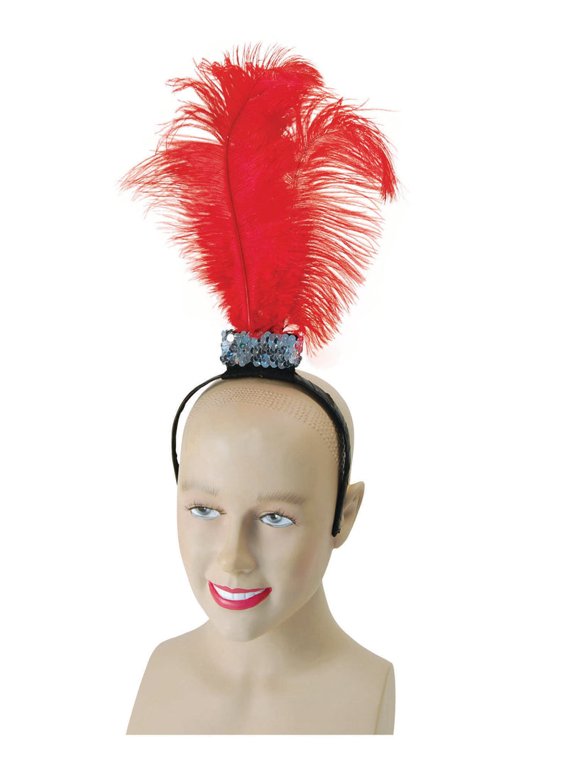 Red Flapper Headband With 3 Feathers Costume Accessory